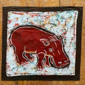 African Batik Hippo Hand Dyed Fabric Panel by Artist Theodore Asshola